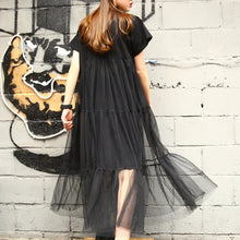 LANMREM Summer New Fashion 2018 Large Size Black Stitching Net Yarn Round Collar Short Sleeve Size Loose Dress Women 3361.5XL