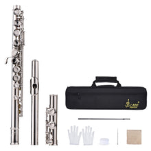 Western Concert Flute Silver Plated 16 Holes C Key Cupronickel Woodwind Instrument with Cleaning Cloth Stick Bag