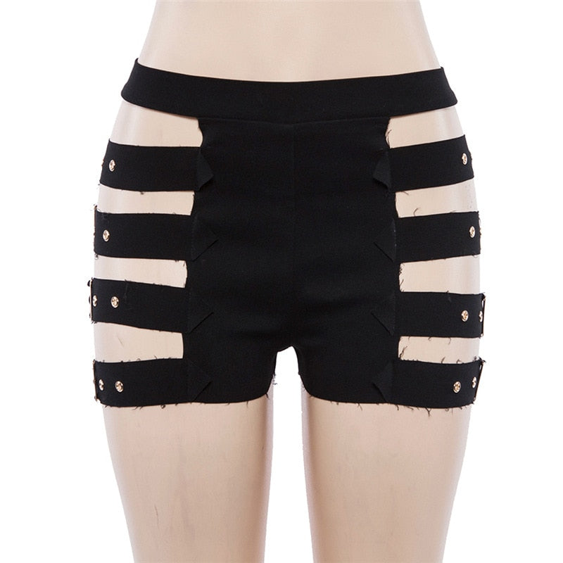 GBYXTY Mini Short Shorts Women Summer Sexy Hollow Out Bandage Rivet Black Shorts Ladies Back Zipper Fitness Short Hotpants ZA734