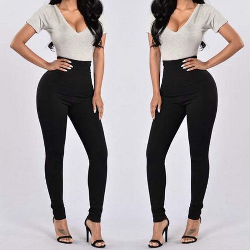 Women Pencil Pants Longline High-Rise Comfy Back Zip Casual Skinny Plain Long Pants High Waist Stretchy Elastic Slim Trousers