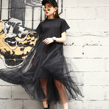 LANMREM Summer New Fashion 2018 Large Size Black Stitching Net Yarn Round Collar Short Sleeve Size Loose Dress Women 3361.5XL