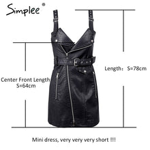 Simplee Fashion PU leather dress women V neck mini sexy dress Christmas sash zipper winter black short dress sundress vestido