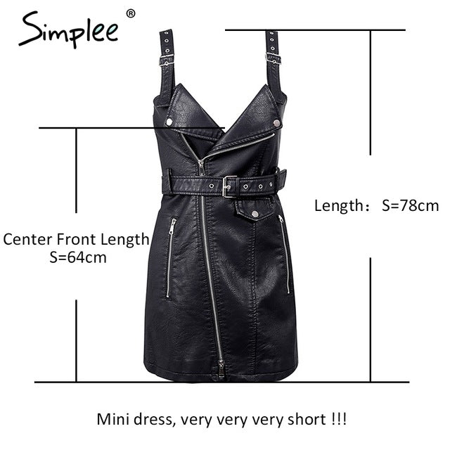 Simplee Fashion PU leather dress women V neck mini sexy dress Christmas sash zipper winter black short dress sundress vestido