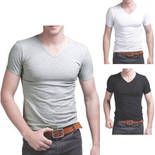 Mens V neck Short Sleeve T Shirt Tops Solid White Black Gray Slim Fit Muscle Casual Tee Top Men Clothes