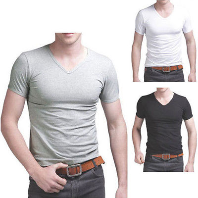 Mens V neck Short Sleeve T Shirt Tops Solid White Black Gray Slim Fit Muscle Casual Tee Top Men Clothes