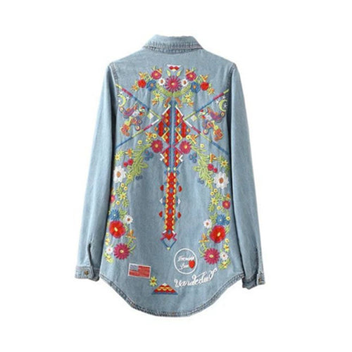 Women Jeans Blouse Denim Shirt Blusas Elegantes Boho Floral Embroidery Long Sleeve Turn-down Collar Ladies Top Camisa Feminina