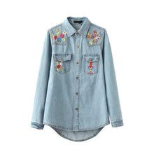 Women Jeans Blouse Denim Shirt Blusas Elegantes Boho Floral Embroidery Long Sleeve Turn-down Collar Ladies Top Camisa Feminina