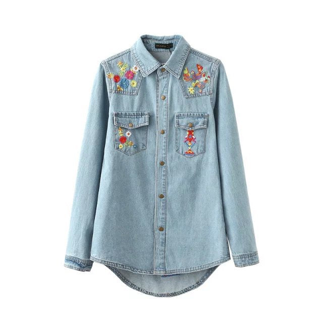 Women Jeans Blouse Denim Shirt Blusas Elegantes Boho Floral Embroidery Long Sleeve Turn-down Collar Ladies Top Camisa Feminina